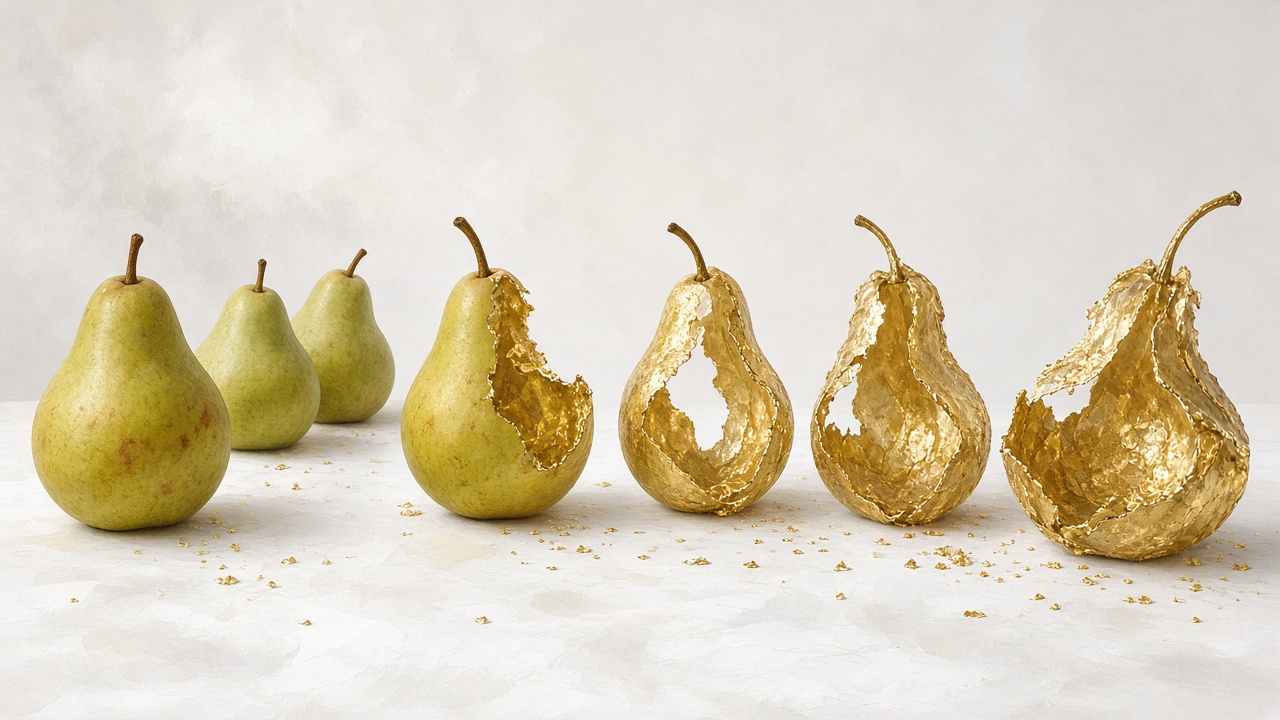 TOLAK KERE buah pir di meja putih yang sebagian berubah menjadi cangkang emas